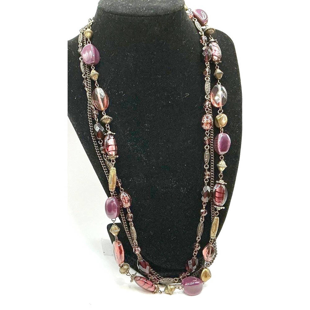 Premier Designs Multi Strand Purple Glass Bead Dangle Necklace Antique Gold Tone